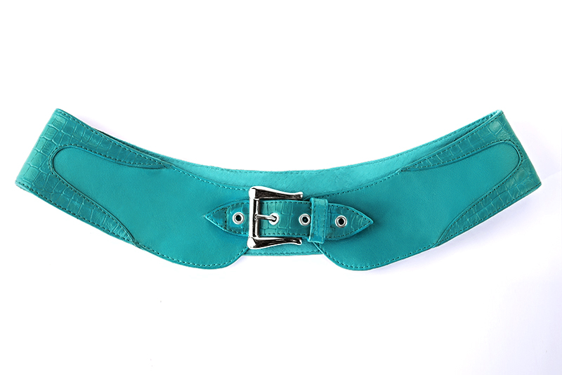 Turquoise blue women's dress belt, matching pumps and bags. Made to measure. Profile view - Florence KOOIJMAN